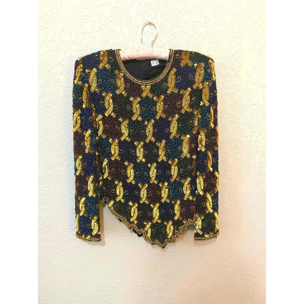 Vintage Silk Sequin Beaded Long Sleeve Blouse Oleg Cassini Evening Sz Small